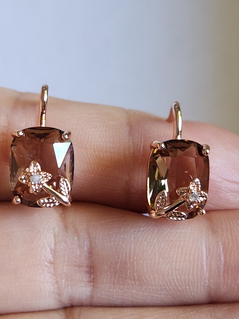 New 14K Gold Plated Emerald Cut Smoky Quartz Diamond Flower Hoop Earrings - Picture 4 of 7